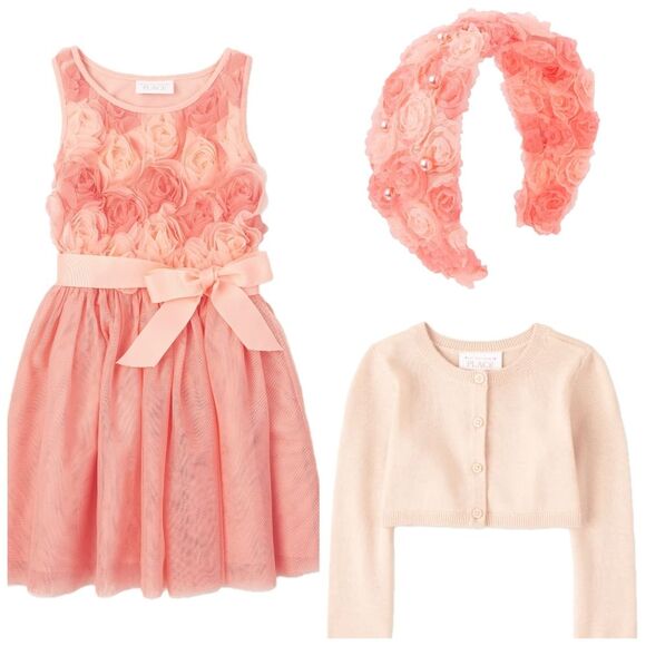 Girls Peach Roses Floral Formal Elegant Dress, Cardigan, & Headband Set Size 5/6 - Picture 1 of 16